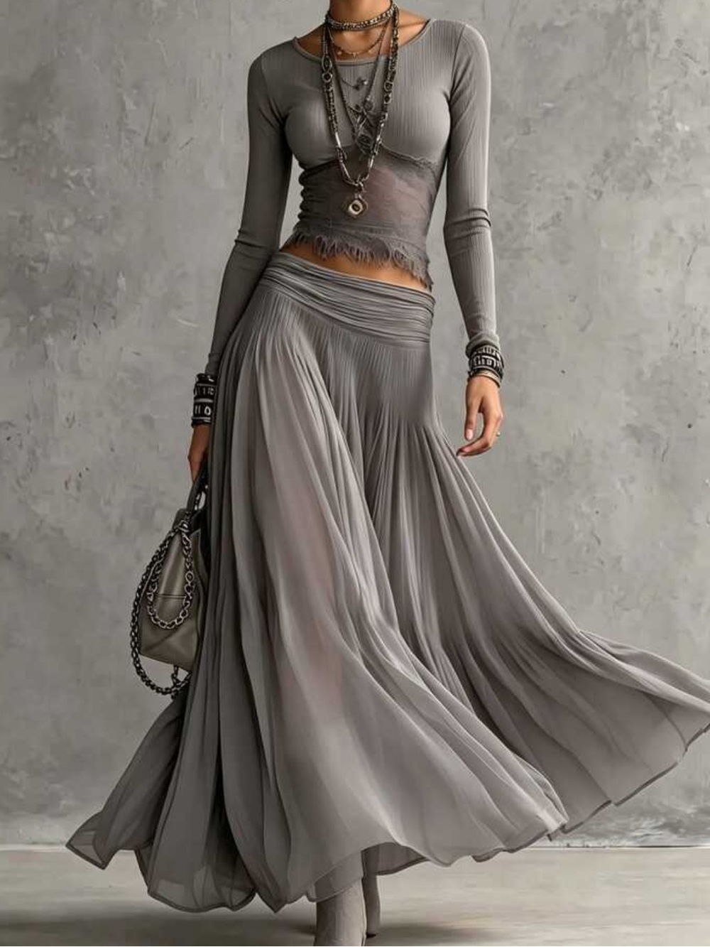 Women's Elegant Lace Ribbed Chiffon 2 Pieces Set